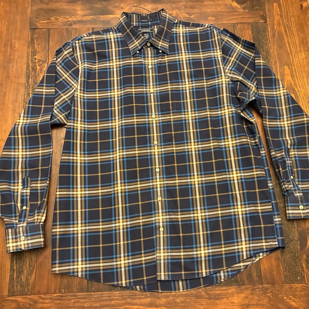 Lands End Blue Plaid Button Down No Iron Size XL Tall Office Casual Western Work
